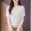 Suéter de Tencel con Cuello Redondo de 25 Rayas para Mujer Verano Holgado Hueco Top Corto Reductor de Edad Camiseta de Lyocell Camiseta Base