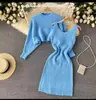 2025 Nuevo Conjunto de Punto Otoño e Invierno Vestido de Punto Ajustado al Cuerpo con Tirantes Franceses Cuello Redondo Mangas Murciélago