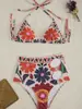 Bikini de cuello halter estilo étnico transfronterizo, traje de baño de dos piezas de cintura alta con cutout, traje de baño estampado para vacaciones en la playa Amazon