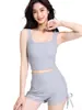 Conjunto de Yoga Casual de Verão com Decote U e Bainha para Mulheres, Shorts Fitness Antibacteriano de Cintura Alta com Cordão, Conjunto de Duas Peças com Regata Esportiva
