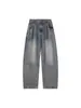 Jeans vintage azul lavado retrô americano com barra curva para homens, calças casuais versáteis de perna larga, soltas, com caimento reto