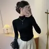Camiseta de manga larga para mujer, base cálida de terciopelo con hilo, cuello semi-alto, ajustada, con temperamento, otoño e invierno, venta al por mayor transfronteriza