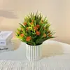 Estilo Nórdico 31 Piezas Hierba de Primavera Rosa Té Pequeña Bonsái con Fondo Blanco e Hilo Dorado, Decoración para Sala de Estar del Hogar, Adorno en Maceta de Flor y Planta Artificial