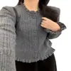 Suéter azul nuevo estilo francés juvenil con volantes para mujer, primavera y otoño, adelgazante, holgado, base de punto de ochos