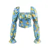 Blusa Corta Floral Nueva Primavera Cuello Cuadrado Mangas Abullonadas Hombros Descubiertos Dulce Top para Mujer
