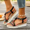 Comercio exterior, transfronterizo, talla grande, de una tira, sandalias de tacón de cuña, estilo bohemio de verano, de punta redonda, sandalias de tacón alto de suela gruesa para mujer