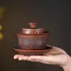 Tazón Cubierto de Cerámica Púrpura Sancai Juego de Té Kung Fu de Alto Nivel Individual Tazón de Té Tetera Taza de Té Tazón Cubierto Cerámico Juego de Té