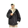 Chaqueta de Mezclilla para Hombre Otoño e Invierno Falsa de Dos Piezas Casual Estudiante Marca de Moda Atractivo con Capucha Holgada Ropa de Mezclilla