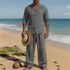 2026 Conjunto de Lino de Cuatro Estaciones Estilo Americano Transfronterizo para Hombre, Casual, Holgado, Transpirable, Manga Larga, Pantalones Largos, Camisa, Conjunto de Playa en Stock