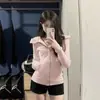 Jaqueta Feminina Curta Ajuste na Cintura Roupa de Outono Slim Com Capuz Top Outono Inicial Justa Rosa Moletom Novo Estilo 2025