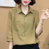 Camiseta feminina de manga média Ice Gastrodia Hemp, moda casual redutora de idade, nova blusa leve e respirável de verão