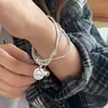 Pulsera de Bolas de Tubo Curvo Redondo de Plata de Tres Capas Estilo Coreano para Mujer, Múltiples Círculos, Diseño de Letras en Inglés, Hecha a Mano, Pulsera de Bolas Simple y Versátil