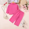 Conjunto de duas peças para bebê menina: jaqueta cardigã rosa claro texturizada de gola curta & calça longa reta com fenda & peças lisas simples para meninas