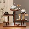 Estante de exhibición estilo chino retro para tazas de té y teteras, estante de madera maciza para tazas de escritorio, estante de exhibición de varias capas para sala de té
