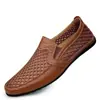 Novos Sapatos Masculinos de Verão, Sapatos de Malha e Couro de Cano Baixo, Mocassins Frescos Respiráveis Vazados, Sapatos Slip-On Antiderrapantes de Solado Macio
