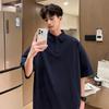 Tejido de Malla Transpirable con Cuentas Panel de Luz Color Sólido Camiseta Suelta de Manga Corta Polo de Solapa para Hombre