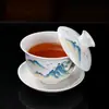 Productos Culturales y Creativos: Juego de Té Kung Fu Grasa de Cabra Jade Mil Millas de Montañas y Ríos, Juego Completo de Porcelana Blanca, Caja de Regalo de Alta Gama, Regalo Personalizado, Recuerdo