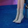 Botas de tacón alto hasta la pantorrilla con diamantes europeos y americanos, botas de aspecto sexy adelgazante, botas de punta fina cortas para otoño e invierno, botas con cremallera asimétrica para mujer