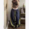 Calça Jogger Casual Listrada Estilo Americano Plus Size 150kg para Mulheres, Primavera e Verão Fina de Cintura Alta Solta Emagrecimento Versátil de Perna Larga