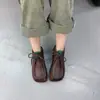 2023 Verde Vinho Rabanete Outono Novo Cor Sólida Primeira Camada Couro Bovino em Estoque Cadarço Frontal Botas de Cano Curto Retro Planas