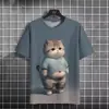 Verão 2025 novo T-shirt masculina de manga curta transfronteiriço AliExpress impressão 3D gato fofo gola redonda manga curta T-shirt top