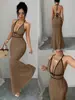 Vestido Largo Estilo Europeo y Americano Transfronterizo Chica Picante con Tirantes Halter y Ribete Texturizado en Bloques de Color, Espalda Profundamente Descubierta, Ajustado al Cuerpo con Lazo, Estilo Sirena