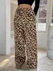 Marca independente transfronteiriça, estilo europeu e americano, calça pantalona com estampa de leopardo para mulheres, cintura alta, fluida, comprimento até o chão, modelagem solta, modeladora, casual e adequada para o uso diário