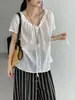 Esa es la Blusa de Estilo Coreano con Cuello en V Suave y Atar para Mujer, Hecha de Algodón y Lino, Top Ligero de Manga Corta para Verano, H6873