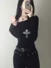 Camiseta Sexy Slim Fit Moda Tendência Gótica Europeia e Americana Transfronteiriça Ombro a Ombro Estampa Cruzada em Preto