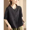 Nova camisa de algodão e linho vintage de verão, cardigã casual de manga curta de abotoamento simples, top versátil que afina a silhueta, jaqueta estilosa