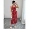 Vestido Rojo Sin Mangas ni Tirantes para Mujer 2026 AliExpress Transfronterizo con Aspecto de Diosa, Estampado Floral Vintage, Vestido Largo Bodycon