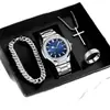 Reloj de Cuarzo para Hombre + Set de Tres Piezas de Joyería Plateada, Esfera Azul con Calendario, Caja de Regalo para Hermanos y Novios, Disponible para Venta al por Mayor y Dropshipping