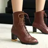 Botas de Montar con Cordones de Encaje Transfronterizas Talla 34-43 Botas de Cuero Versátiles para Mujer de Otoño e Invierno Punta Redonda Tacón Alto Corte Bajo Talla Grande Botas para Mujer