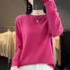 Top base de punto de alta gama listo para usar, cuello redondo, estilo coreano para otoño e invierno, 100% lana, color liso, simple, versátil, holgado, para mujer