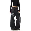 Jeans de mezclilla cruda con estampado de caballo de guerra retro americano para hombres y mujeres, estilo callejero, pantalones de mezclilla anchos hasta el suelo, geniales y modernos