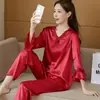Pijama Popular de Seda Helada para Mujer en Vivo, Nuevo Estilo de Verano, Pijama Holgado de Seda Artificial con Cuello en V para Mujer, Ropa de Casa para Primavera y Otoño