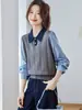 Top Corto de Punto Estilo Camisa para Mujer 2026 Primavera/Otoño Nuevo Estilo con Bloques de Color y Cuello Camisero, Manga Larga, Estilo de Comercio Exterior