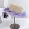 Sombrero de Malla Plano de Corte Francés para Mujer, Sombrero de Paja para Proteger del Sol en Verano, Estilo Hada, Sombrero de Perlas, Sombrero Pequeño con Visera para Cara, Moderno