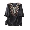 Camisa de Algodón y Lino Nueva 2026 con Bordado Pesado para Mujer, Elegante Blusa Pulóver Top de Encaje con Cuello en V y Mangas Medias