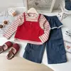 Conjunto de Moda Nueva para Niñas Primavera y Otoño Conjunto de Dos Piezas Top Rayado Falso con Adorno de Encaje Pantalones de Mezclilla