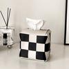 Caja de pañuelos a cuadros al por mayor para sala de estar, Portaservilletas de mesa de comedor de lujo ligero, Caja de pañuelos de cuero blanco y negro, Estilo de lujo ligero para dropshipping