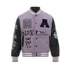 Chaqueta de Béisbol con Bordado Pesado de Letras y Mangas de Cuero PU en Contraste, Chaqueta Gruesa de Corte Holgado para Hombre Estilo Americano Streetwear