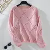 Suéter de Tricô com Lantejoulas Vazado da Moda para Mulheres, Novo Estilo Europeu e Americano Outono e Inverno, Suéter Pulôver Solto com Padrão de Diamante para Mulheres