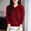 Suéter de punto casual con capucha y botones estilo francés para mujer, nueva camiseta base cálida de manga larga con cordones, top suéter de otoño e invierno