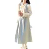 Vestido Cruzado de Encaje con Bloques de Color Patchwork de Temperamento Dulce para Mujer Otoño Falso Dos Piezas Ajustado a la Cintura Falda Larga de Corte A