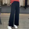 Pantalones de punto para mujer de lana 100%, de pierna ancha, ajustados, de cintura alta, con hebilla, color liso, sólidos, de moda, para ir al trabajo