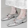 Zapatos Mary Jane Huecos Plisados de Piel de Vaca para Mujer Estilo Nuevo Otoño Temprano Retro Francés Zapatos Planos de Punta Cuadrada con Lazo de Medio Paso