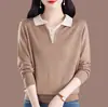 Nueva camiseta de seda de manga larga para mujer, top holgado con cuello, elegante camiseta fina de punto base para primavera y otoño