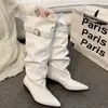 Punta fina, hebilla de cinturón, botas de tacón grueso, botas altas, botas de montar, nuevo estilo otoño e invierno 2026, botas ajustadas plisadas, botas largas de diseñador