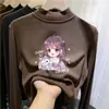 Camiseta de manga larga con forro polar para niña para otoño e invierno, top cálido cepillado de cuello semi-alto para niños
